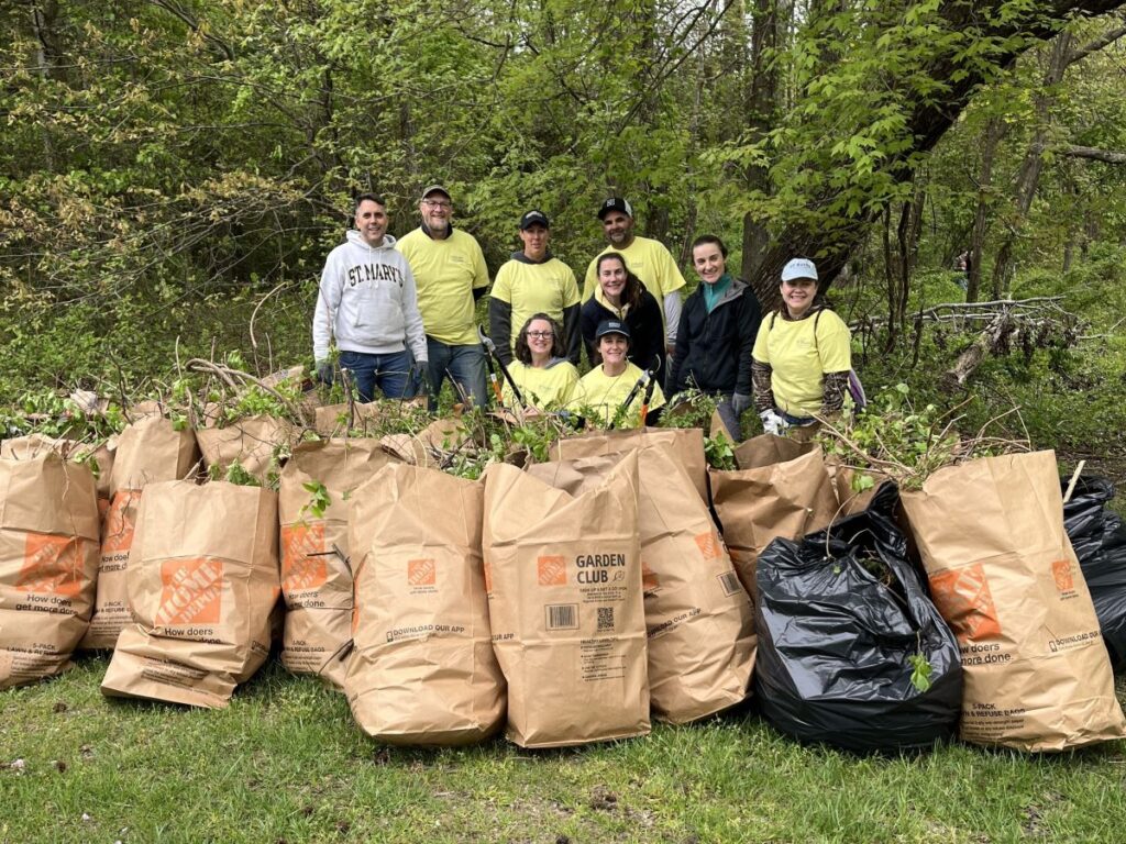 Volunteers with bags of vines cleared from trees